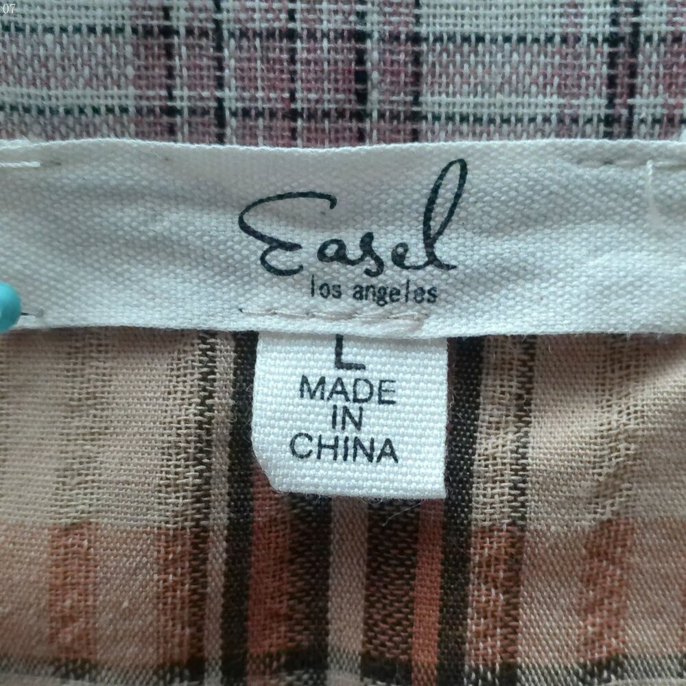 EASEL Los Angeles Snow Wash Mixed Plaid Patchwork Boho Button Down Shirt Size L - Picture 6 of 11